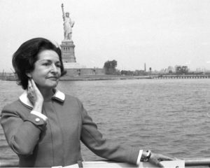 Lady Bird Johnson in front of the Statue of Liberty, May 17, 1968